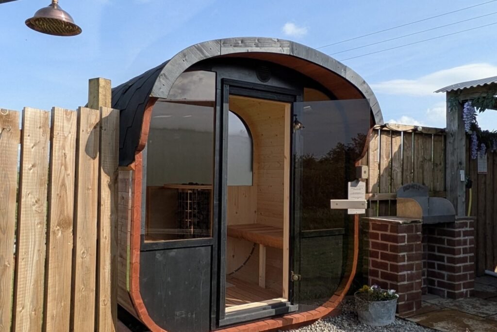 private sauna at willow glamping pod at hedgerow luxury glamping in yorkshire