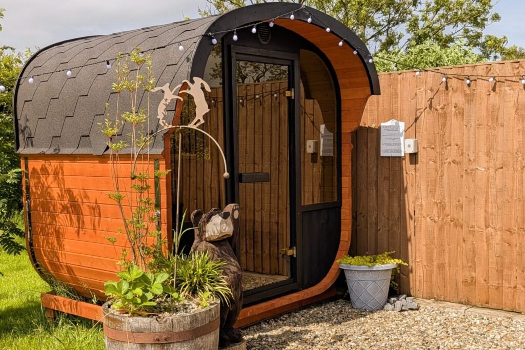 private sauna at hedgerow luxury glamping bluebell pod